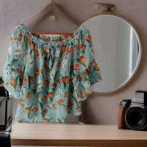 Hale Bob Azure Blouse Size L Flare Sleeves Cotton Orange Floral Design Tassels